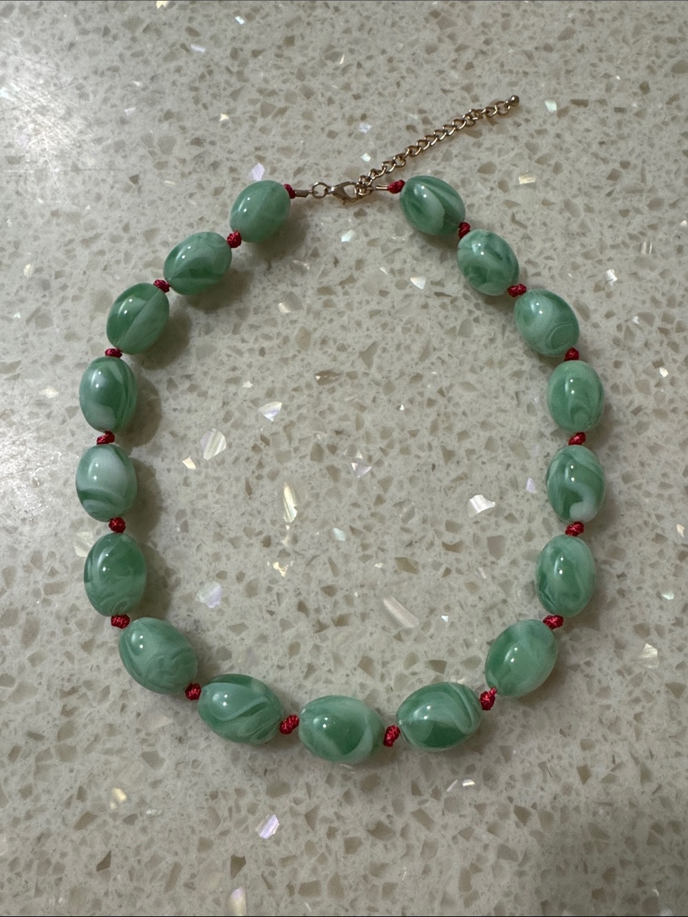Green Beaded Necklace with Red Accents - Women Jewelry